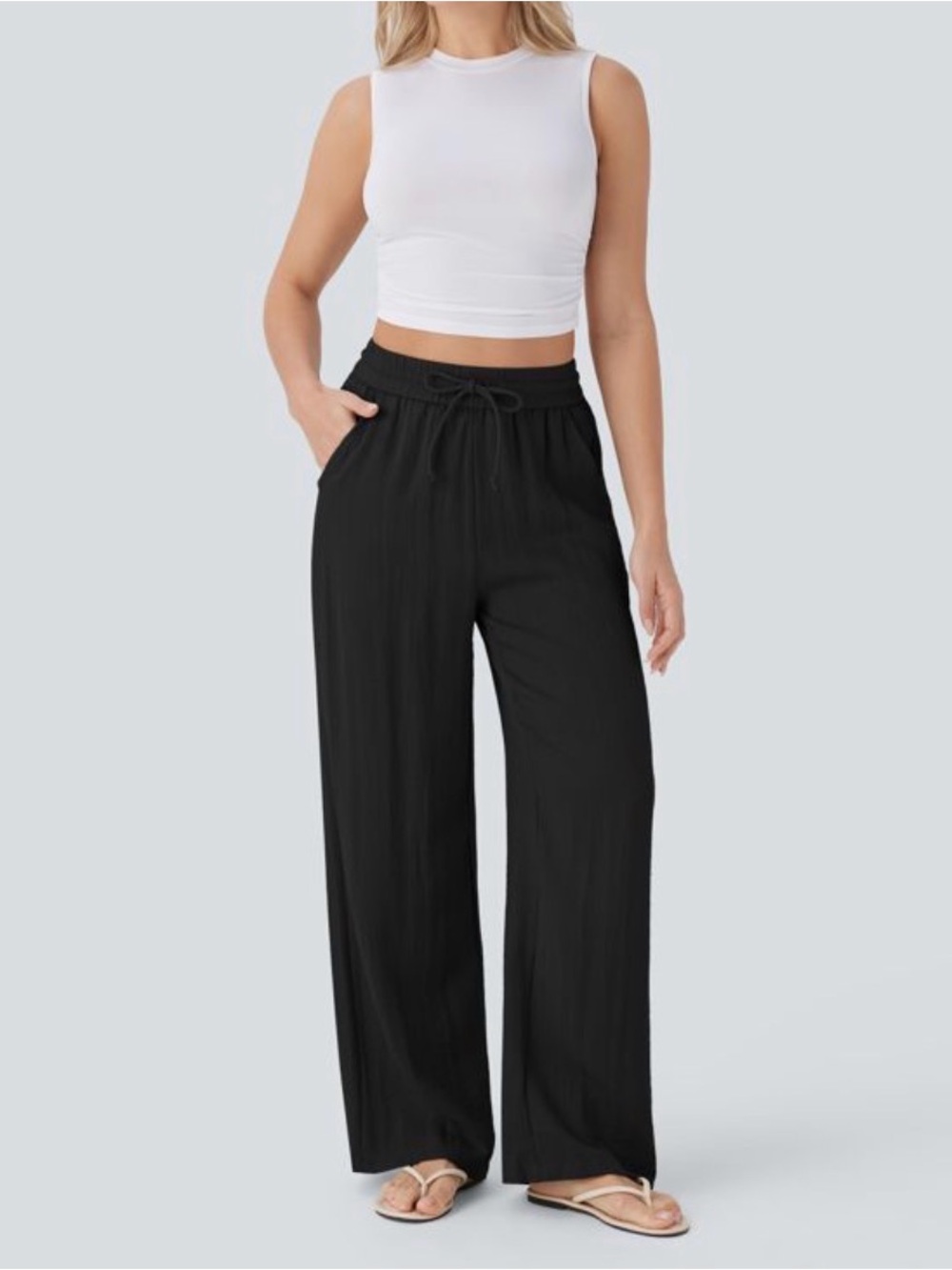 Halara Black Drawstring Wide-Leg Pants lightweight Linen-feel baggy M